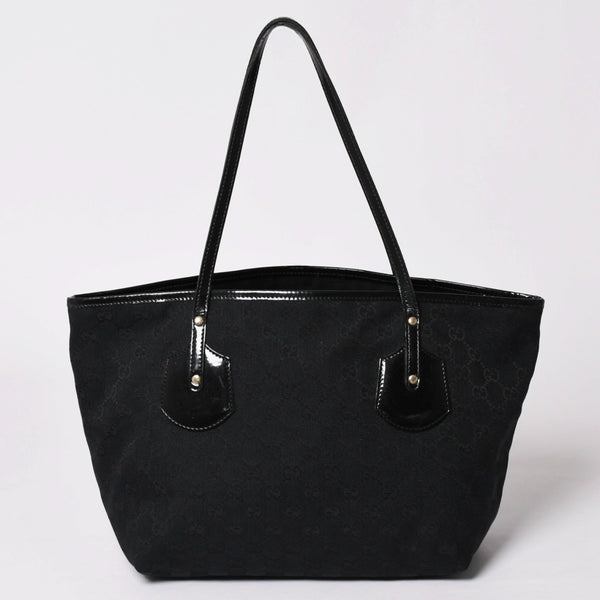 極美品 GUCCI グッチ GGキャンバスジョリートートバッグ ブラック パテントレザー ハンドバッグ 211976 ゴールド金具 中古 4a002065