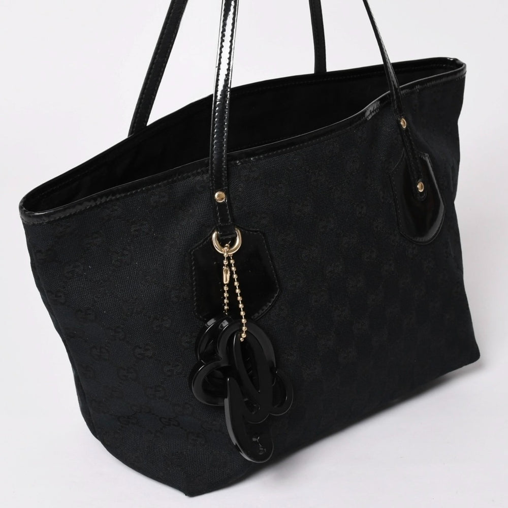 Very Good Condition GUCCI GG Canvas Jolly Tote Bag Black Patent Leather Handbag 211976 Gold Hardware Used 4a002065