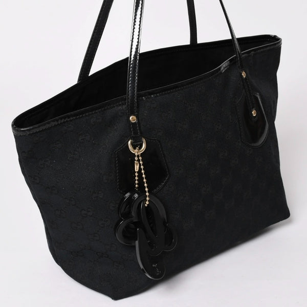 極美品 GUCCI グッチ GGキャンバスジョリートートバッグ ブラック パテントレザー ハンドバッグ 211976 ゴールド金具 中古 4a002065