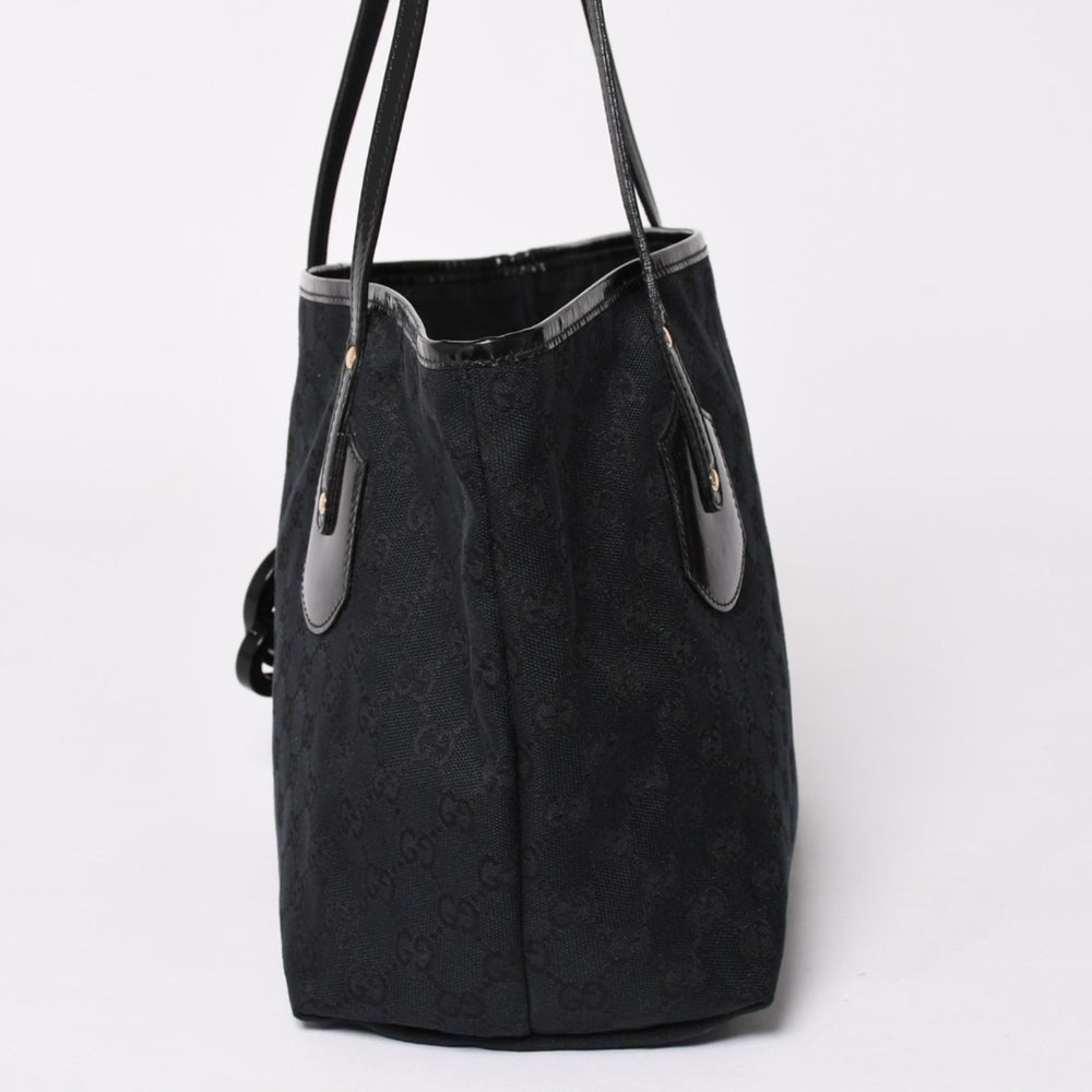 Very Good Condition GUCCI GG Canvas Jolly Tote Bag Black Patent Leather Handbag 211976 Gold Hardware Used 4a002065