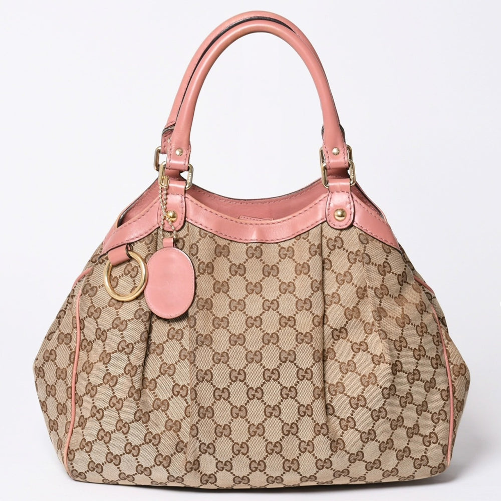 極美品 GUCCI グッチ ハンドバッグ 211944 GGキャンバス レザー ベージュ ピンク ゴールド金具 中古 4a002072