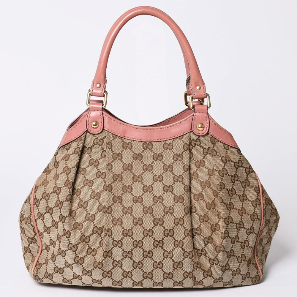 極美品 GUCCI グッチ ハンドバッグ 211944 GGキャンバス レザー ベージュ ピンク ゴールド金具 中古 4a002072