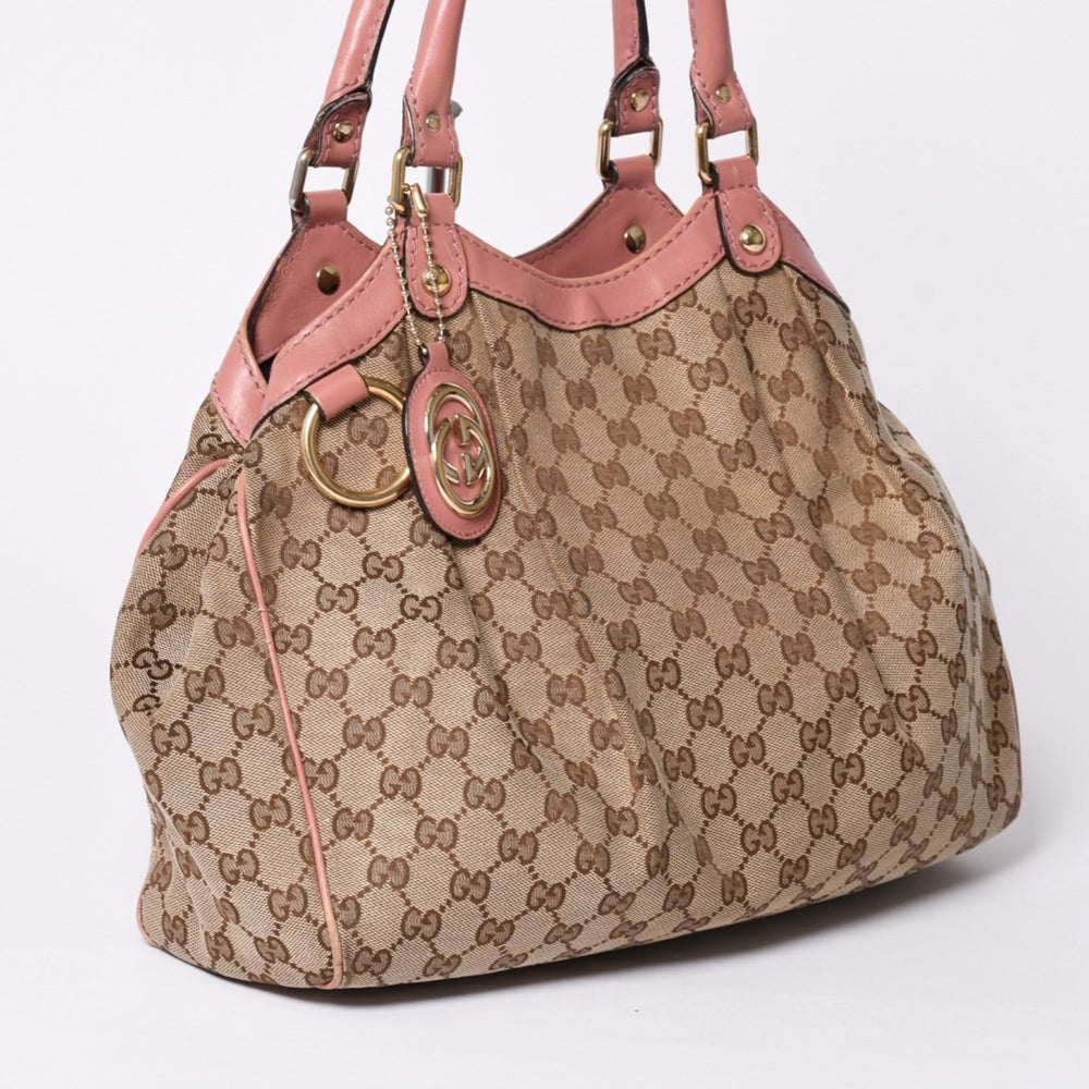 極美品 GUCCI グッチ ハンドバッグ 211944 GGキャンバス レザー ベージュ ピンク ゴールド金具 中古 4a002072