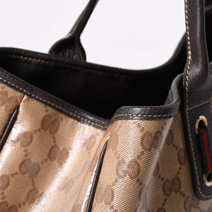極美品 GUUCI グッチ Tote Bag トートバッグ GGキャンバス シェリーライン ブラウン ベージュ 293589 ゴールド金具 中古 4a002070