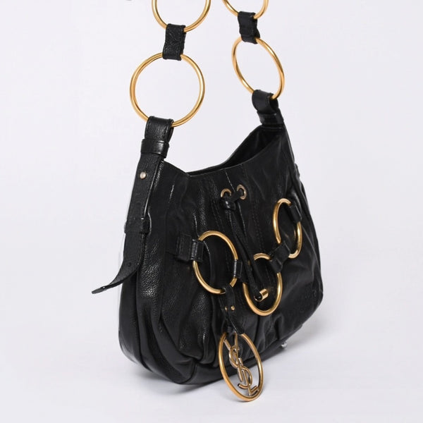 Very Good Condition YVES SAINT LAURENT Yves Saint Laurent Handbag Gold Ring Leather Black Used 4a002094