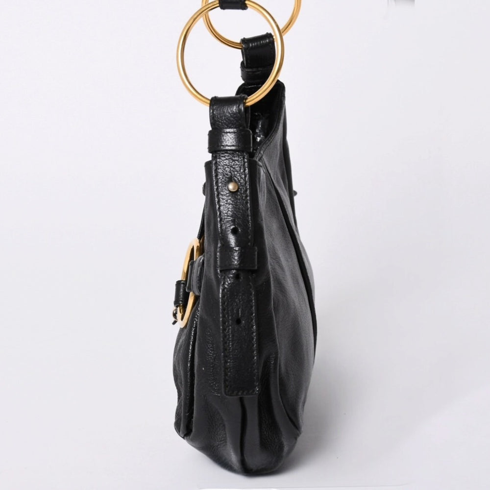 極美品 YVES SAINT LAURENT イヴ・サンローラン ハンドバッグ ゴールドリング レザー ブラック 中古 4a002094