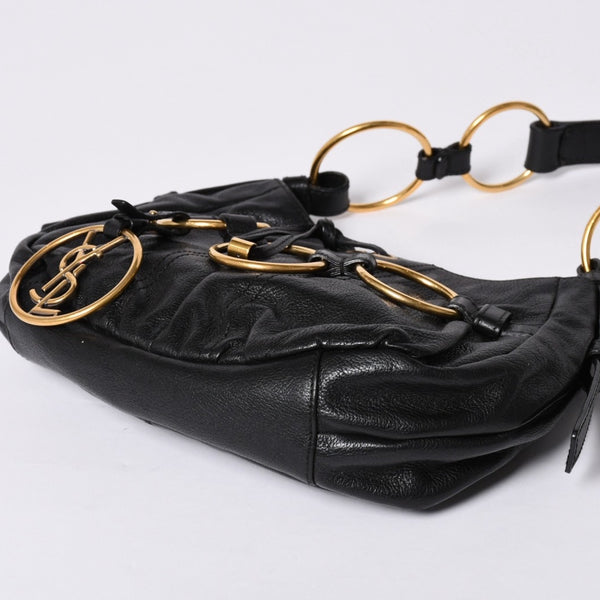 Very Good Condition YVES SAINT LAURENT Yves Saint Laurent Handbag Gold Ring Leather Black Used 4a002094