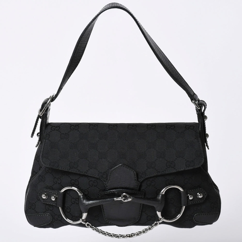 極美品 GUCCI グッチ ホースビットGGキャンバスハンドバッグ GGキャンバス レザー ホースビット シルバー金具 ブラック 114915 中古 4a002076