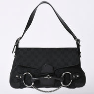 極美品 GUCCI グッチ ホースビットGGキャンバスハンドバッグ GGキャンバス レザー ホースビット シルバー金具 ブラック 114915 中古 4a002076