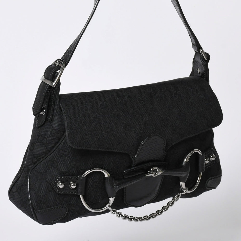 極美品 GUCCI グッチ ホースビットGGキャンバスハンドバッグ GGキャンバス レザー ホースビット シルバー金具 ブラック 114915 中古 4a002076