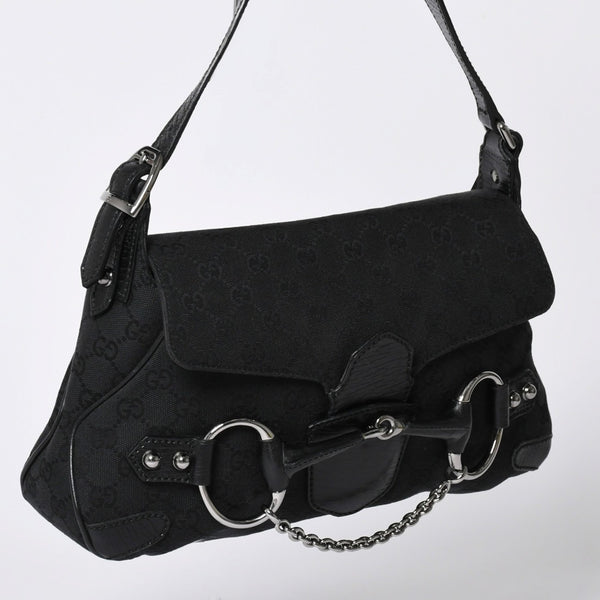 Very good condition GUCCI Gucci Horsebit GG Canvas Handbag GG Canvas Leather Horsebit Silver Hardware Black 114915 Used 4a002076