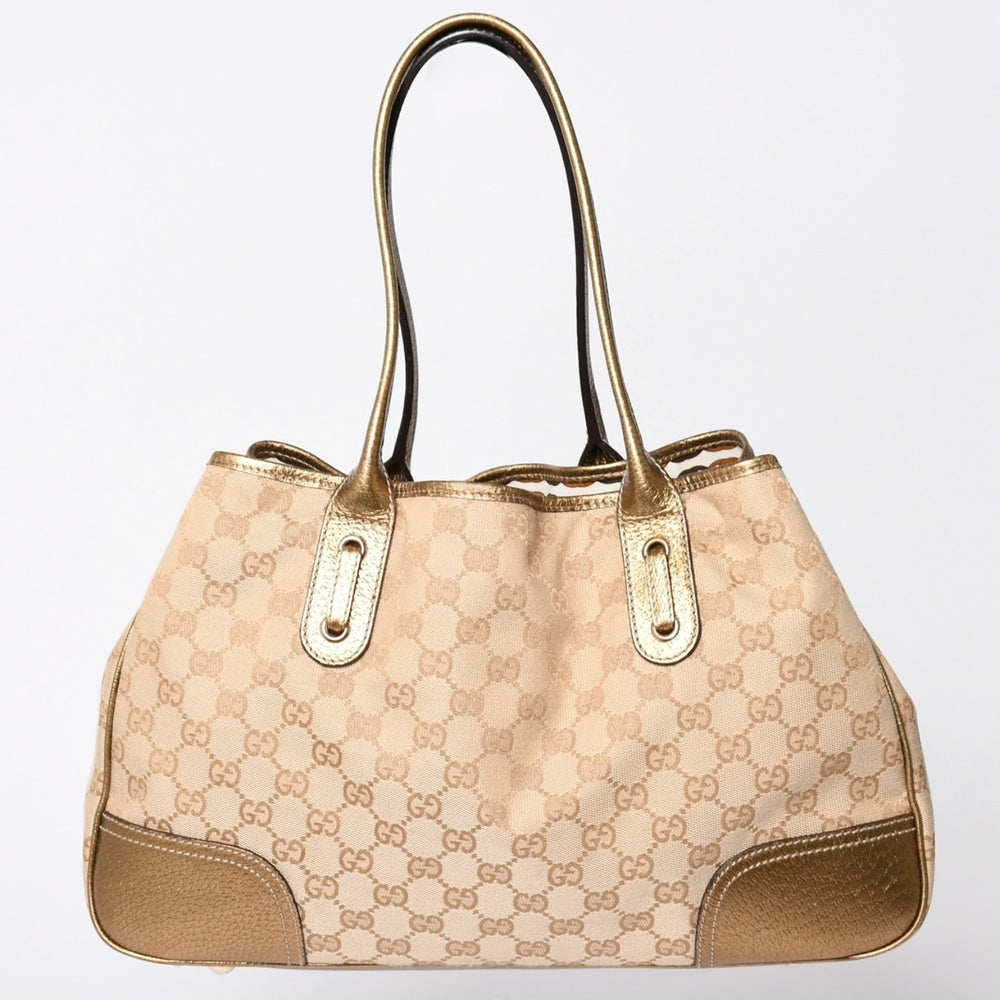極美品 GUCCI グッチ トートバッグ ハンドバッグ 163305 イタリア製 GGキャンバス レザー ベージュ ゴールド ゴールド金具 中古 4a002054