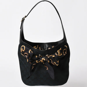 極美品 GUCCI グッチ スカーフ ワンショルダー GGキャンバス ショルダーバッグ ブラック 155562 ゴールド金具 中古 4a002074