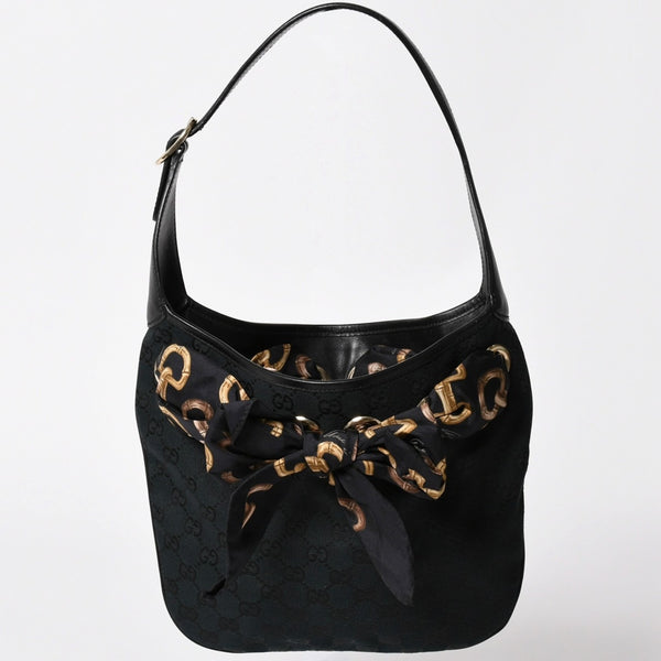 極美品 GUCCI グッチ スカーフ ワンショルダー GGキャンバス ショルダーバッグ ブラック 155562 ゴールド金具 中古 4a002074