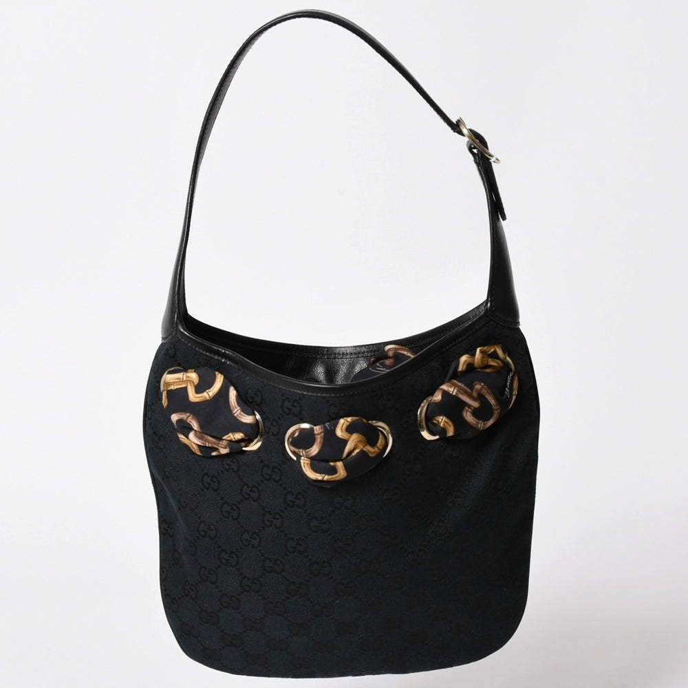 極美品 GUCCI グッチ スカーフ ワンショルダー GGキャンバス ショルダーバッグ ブラック 155562 ゴールド金具 中古 4a002074