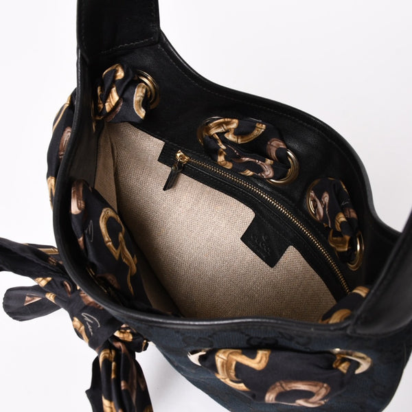 極美品 GUCCI グッチ スカーフ ワンショルダー GGキャンバス ショルダーバッグ ブラック 155562 ゴールド金具 中古 4a002074