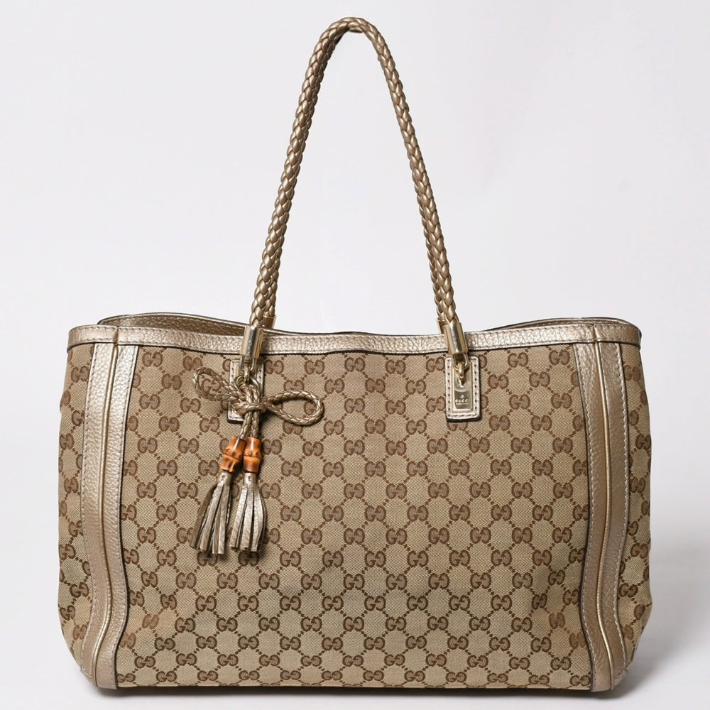 極美品 GUCCI グッチ トートバッグ ハンドバッグ 269945 イタリア製 GGキャンバス レザー ベージュ ゴールド ゴールド金具 中古 4a002010