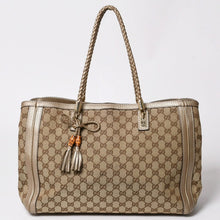 Load image into Gallery viewer, 極美品 GUCCI グッチ トートバッグ ハンドバッグ 269945 イタリア製 GGキャンバス レザー ベージュ ゴールド ゴールド金具 中古 4a002010
