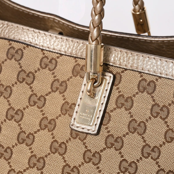 極美品 GUCCI グッチ トートバッグ ハンドバッグ 269945 イタリア製 GGキャンバス レザー ベージュ ゴールド ゴールド金具 中古 4a002010