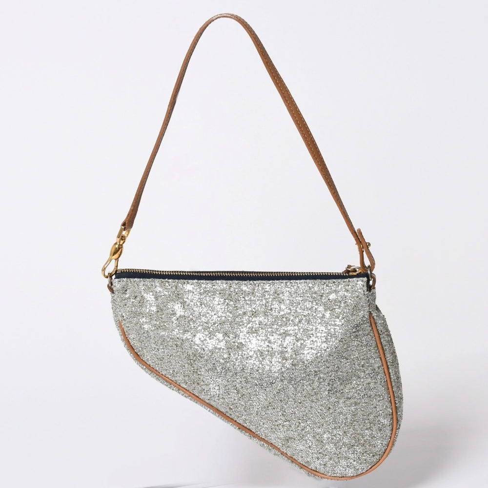 Very Good Condition Christian Dior Saddle Pouch Accessory Pouch MC0031 Canvas Leather Silver Gold Hardware Used 4a002089