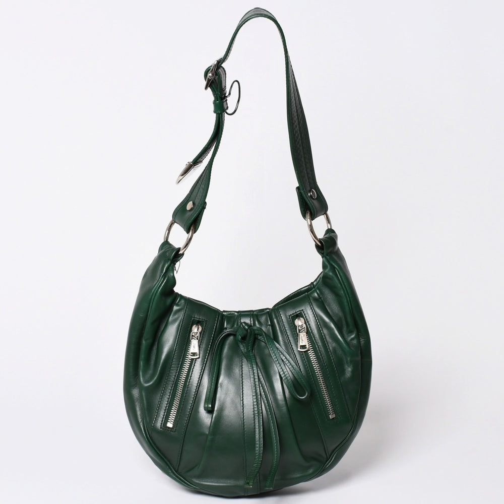 Very Good Condition SAINT LAURENT Rive Gauche Leather Hobo Shoulder Bag Tom Ford Period Early 2000s Green Leather Pleated Drawstring 120436 001998 Used 4a002095