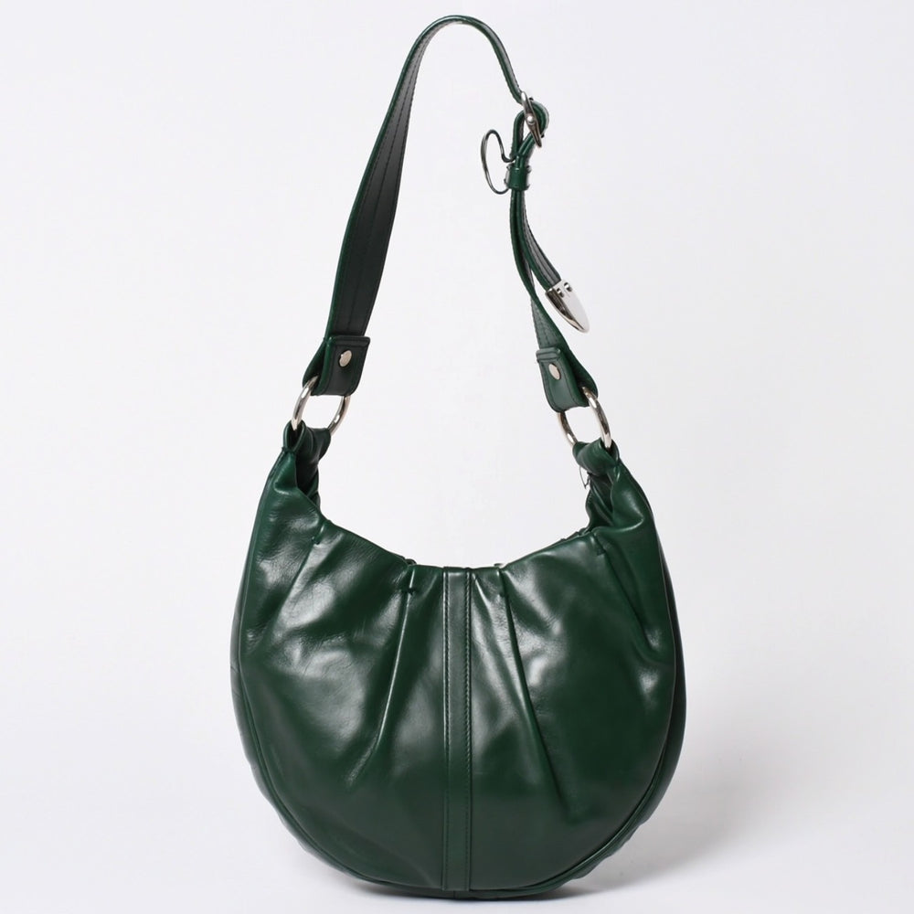 Very Good Condition SAINT LAURENT Rive Gauche Leather Hobo Shoulder Bag Tom Ford Period Early 2000s Green Leather Pleated Drawstring 120436 001998 Used 4a002095