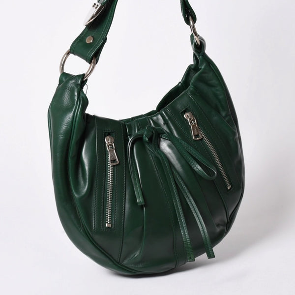 Very Good Condition SAINT LAURENT Rive Gauche Leather Hobo Shoulder Bag Tom Ford Period Early 2000s Green Leather Pleated Drawstring 120436 001998 Used 4a002095