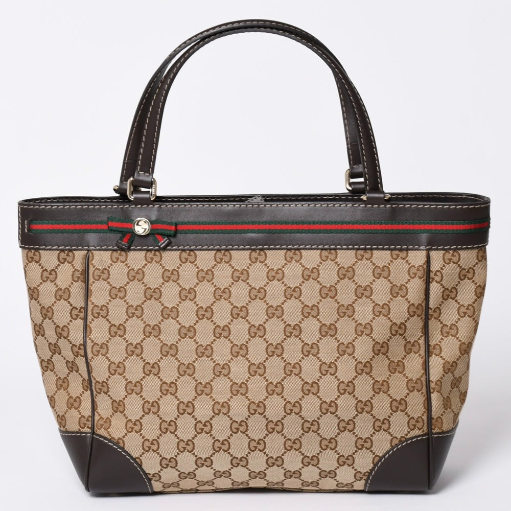 極美品 GUUCI グッチ Tote Bag トートバッグ GGキャンバス シェリーライン ブラウン ベージュ 257061 ゴールド金具 中古 4a002059