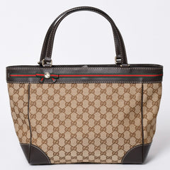 極美品 GUUCI グッチ Tote Bag トートバッグ GGキャンバス シェリーライン ブラウン ベージュ 257061 ゴールド金具 中古 4a002059