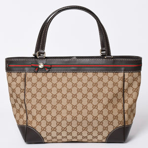 極美品 GUUCI グッチ Tote Bag トートバッグ GGキャンバス シェリーライン ブラウン ベージュ 257061 ゴールド金具 中古 4a002059