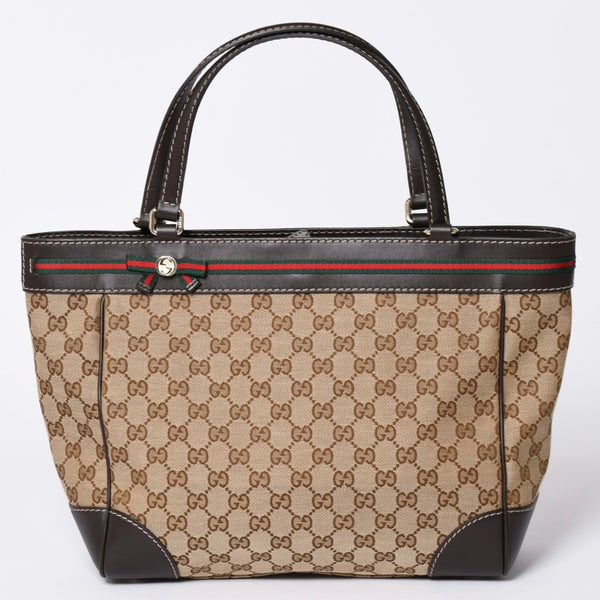 極美品 GUUCI グッチ Tote Bag トートバッグ GGキャンバス シェリーライン ブラウン ベージュ 257061 ゴールド金具 中古 4a002059
