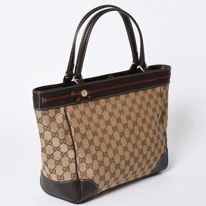 極美品 GUUCI グッチ Tote Bag トートバッグ GGキャンバス シェリーライン ブラウン ベージュ 257061 ゴールド金具 中古 4a002059