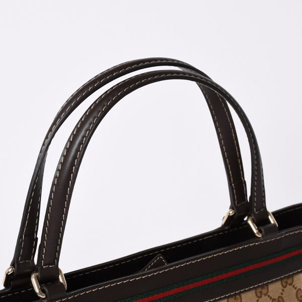 極美品 GUUCI グッチ Tote Bag トートバッグ GGキャンバス シェリーライン ブラウン ベージュ 257061 ゴールド金具 中古 4a002059