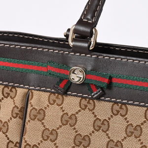 極美品 GUUCI グッチ Tote Bag トートバッグ GGキャンバス シェリーライン ブラウン ベージュ 257061 ゴールド金具 中古 4a002059