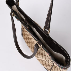 極美品 GUUCI グッチ Tote Bag トートバッグ GGキャンバス シェリーライン ブラウン ベージュ 257061 ゴールド金具 中古 4a002059