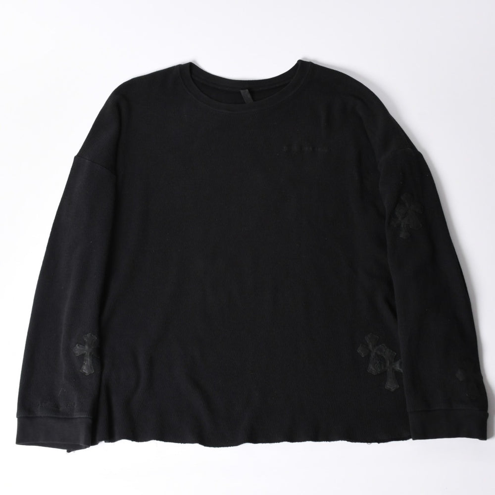 CHROME HEARTS Cross Patch Thermal Crew Neck Cut and Sew Leather Cross Patch Black Thermal Long T Cutoff Waffle Fabric Good Condition Used 4a002112