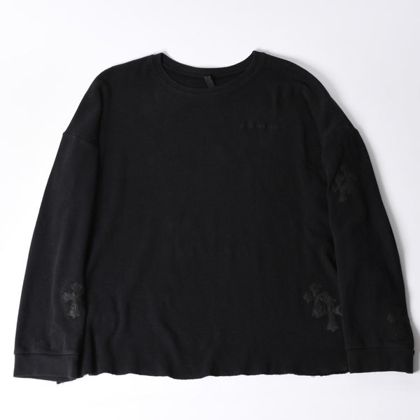 CHROME HEARTS Cross Patch Thermal Crew Neck Cut and Sew Leather Cross Patch Black Thermal Long T Cutoff Waffle Fabric Good Condition Used 4a002112