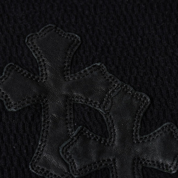 CHROME HEARTS Cross Patch Thermal Crew Neck Cut and Sew Leather Cross Patch Black Thermal Long T Cutoff Waffle Fabric Good Condition Used 4a002112