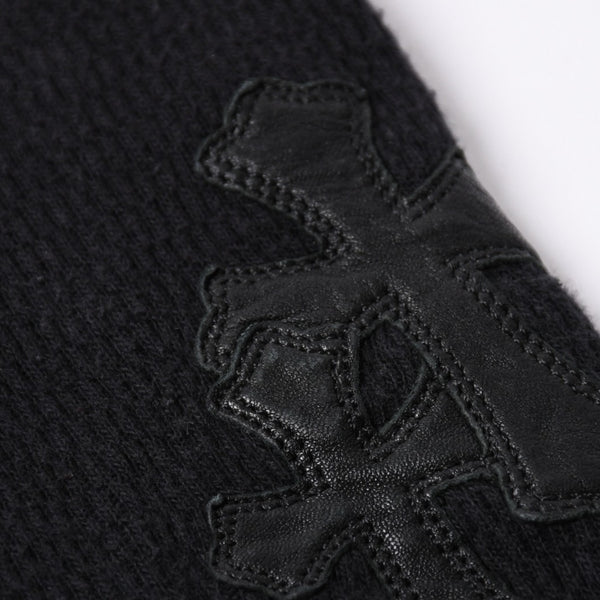 CHROME HEARTS Cross Patch Thermal Crew Neck Cut and Sew Leather Cross Patch Black Thermal Long T Cutoff Waffle Fabric Good Condition Used 4a002112