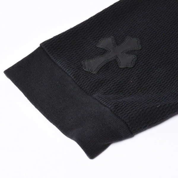 CHROME HEARTS Cross Patch Thermal Crew Neck Cut and Sew Leather Cross Patch Black Thermal Long T Cutoff Waffle Fabric Good Condition Used 4a002112