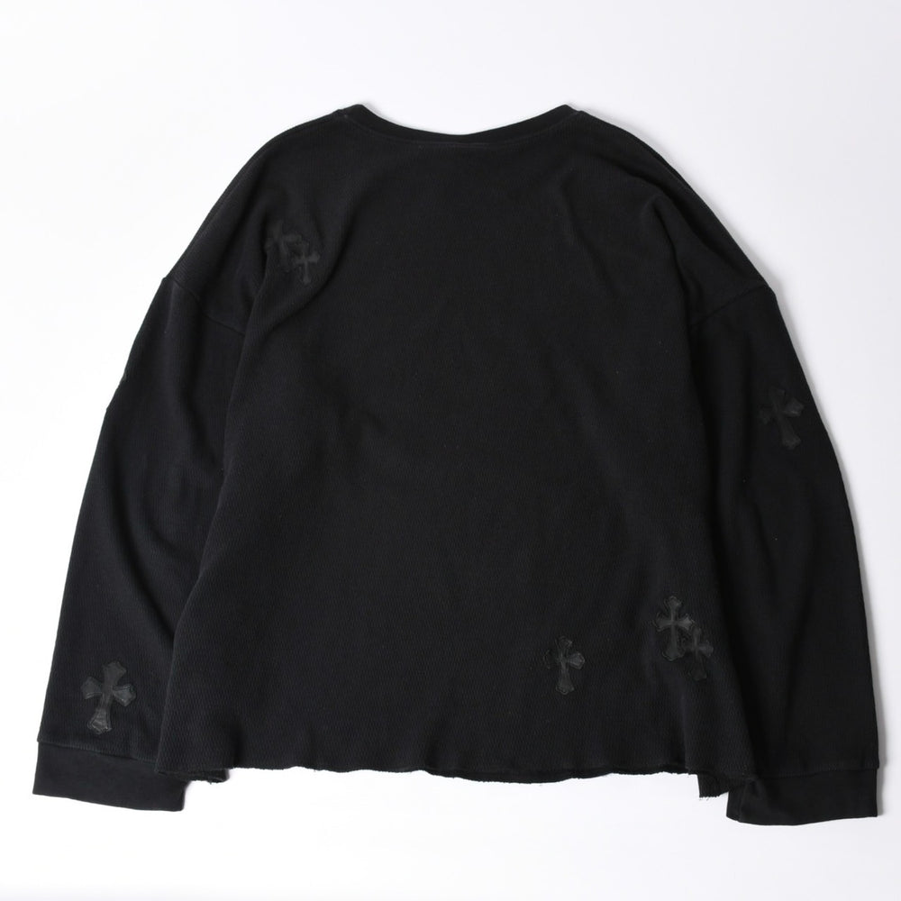 CHROME HEARTS Cross Patch Thermal Crew Neck Cut and Sew Leather Cross Patch Black Thermal Long T Cutoff Waffle Fabric Good Condition Used 4a002112