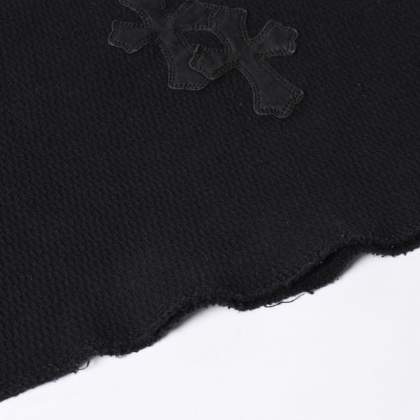 CHROME HEARTS Cross Patch Thermal Crew Neck Cut and Sew Leather Cross Patch Black Thermal Long T Cutoff Waffle Fabric Good Condition Used 4a002112