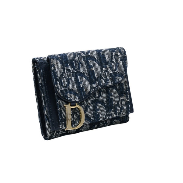 極美品 Christian Dior クリスチャンディオール 三つ折り財布 トロッター柄 CDロゴ ブルー レザー ゴールド金具 中古 4a002329