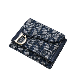 極美品 Christian Dior クリスチャンディオール 三つ折り財布 トロッター柄 CDロゴ ブルー レザー ゴールド金具 中古 4a002329