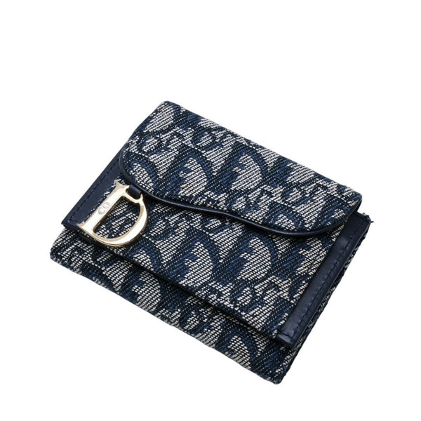 極美品 Christian Dior クリスチャンディオール 三つ折り財布 トロッター柄 CDロゴ ブルー レザー ゴールド金具 中古 4a002329