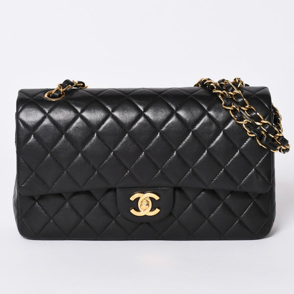極美品 CHANEL シャネル マトラッセ25 Wフラップ Wチェーンショルダーバッグ 7番台 ココマーク ラムスキン ブラック ゴールド金具 中古 4a000622