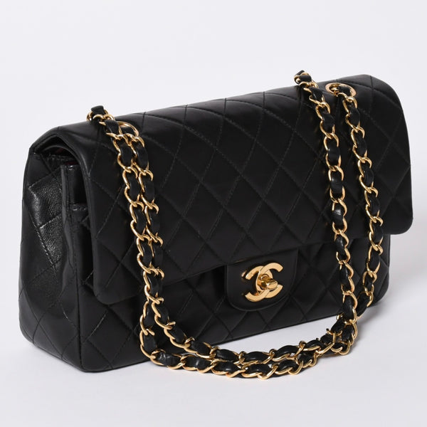 極美品 CHANEL シャネル マトラッセ25 Wフラップ Wチェーンショルダーバッグ 7番台 ココマーク ラムスキン ブラック ゴールド金具 中古 4a000622