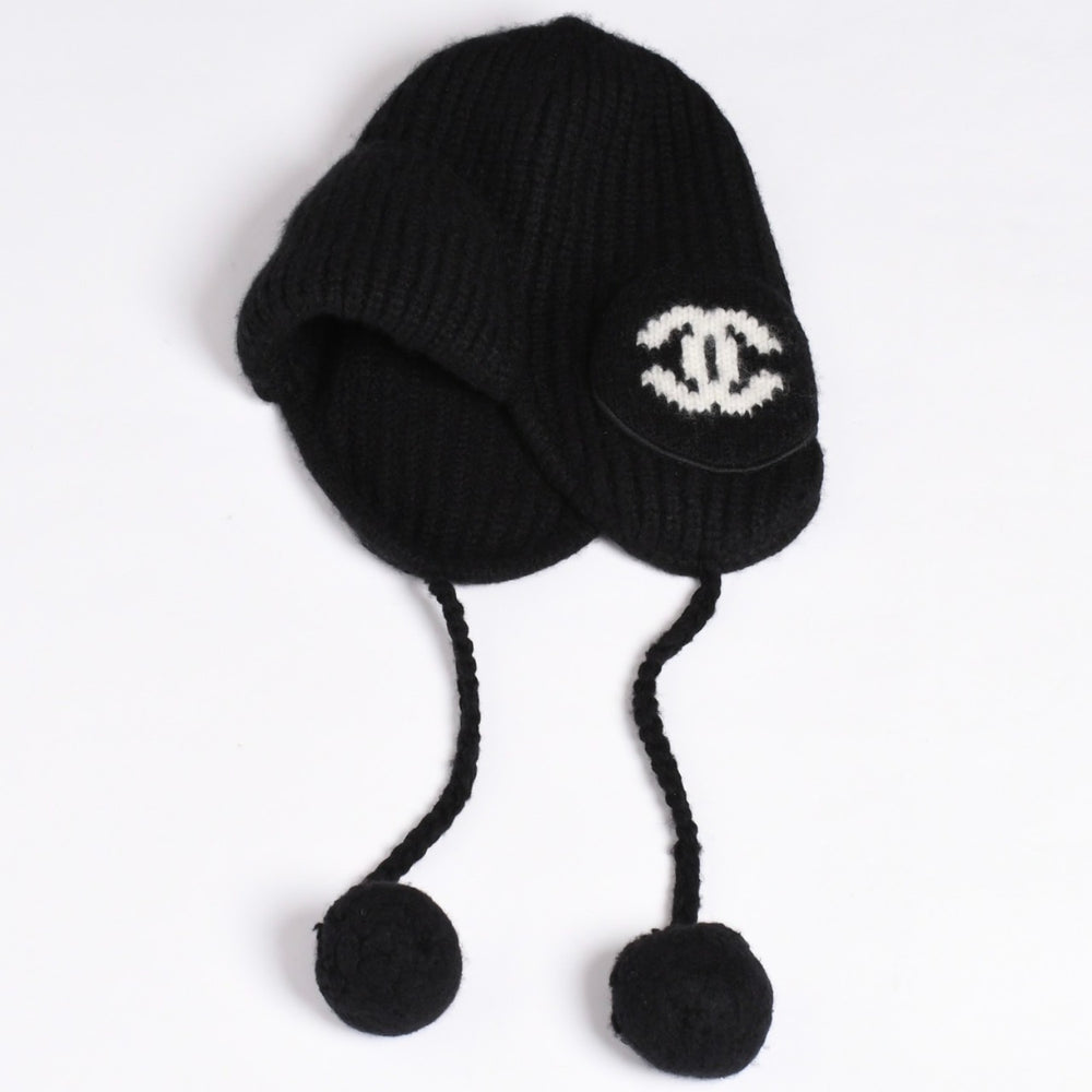 新品未使用 CHANEL シャネル 26AW フライトキャップ パイロットキャップ ボンボン付き ニット帽 AAB271 ココマーク カシミヤ シルク ブラック 中古 4a001771