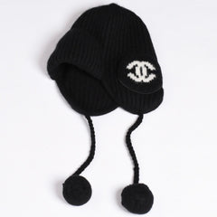New and unused CHANEL 26AW flight cap pilot cap with bonbon knit cap AAB271 here mark cashmere silk black used 4a001771