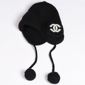 New and unused CHANEL 26AW flight cap pilot cap with bonbon knit cap AAB271 here mark cashmere silk black used 4a001771